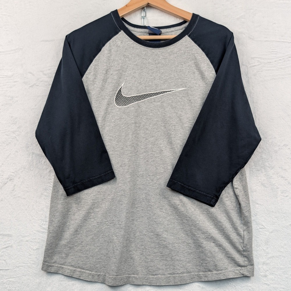Nike T-Shirt Men's XL Gray Black Raglan 3/4 Sleeve Big Swoosh Sporty Baseball